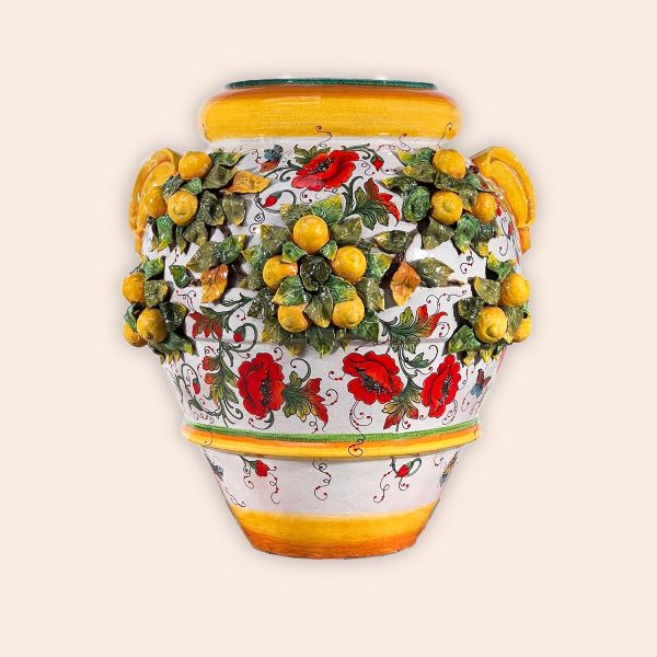LARGE VASE CM.100H DESIGN:POPPIES WITH 3D LEMONS